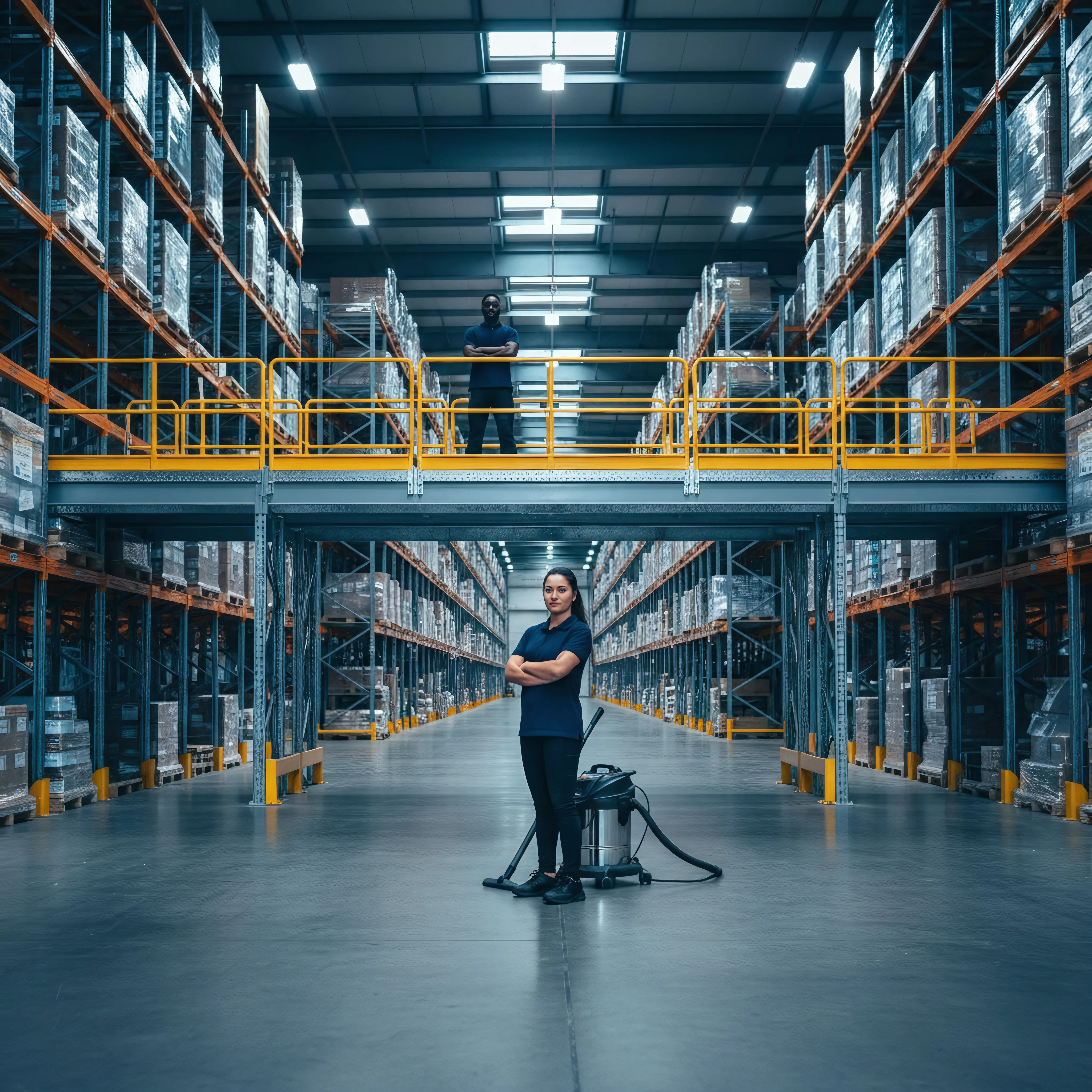Schoonmaakteam met industriële stofzuiger in een groot magazijn met stellingen en voorraad