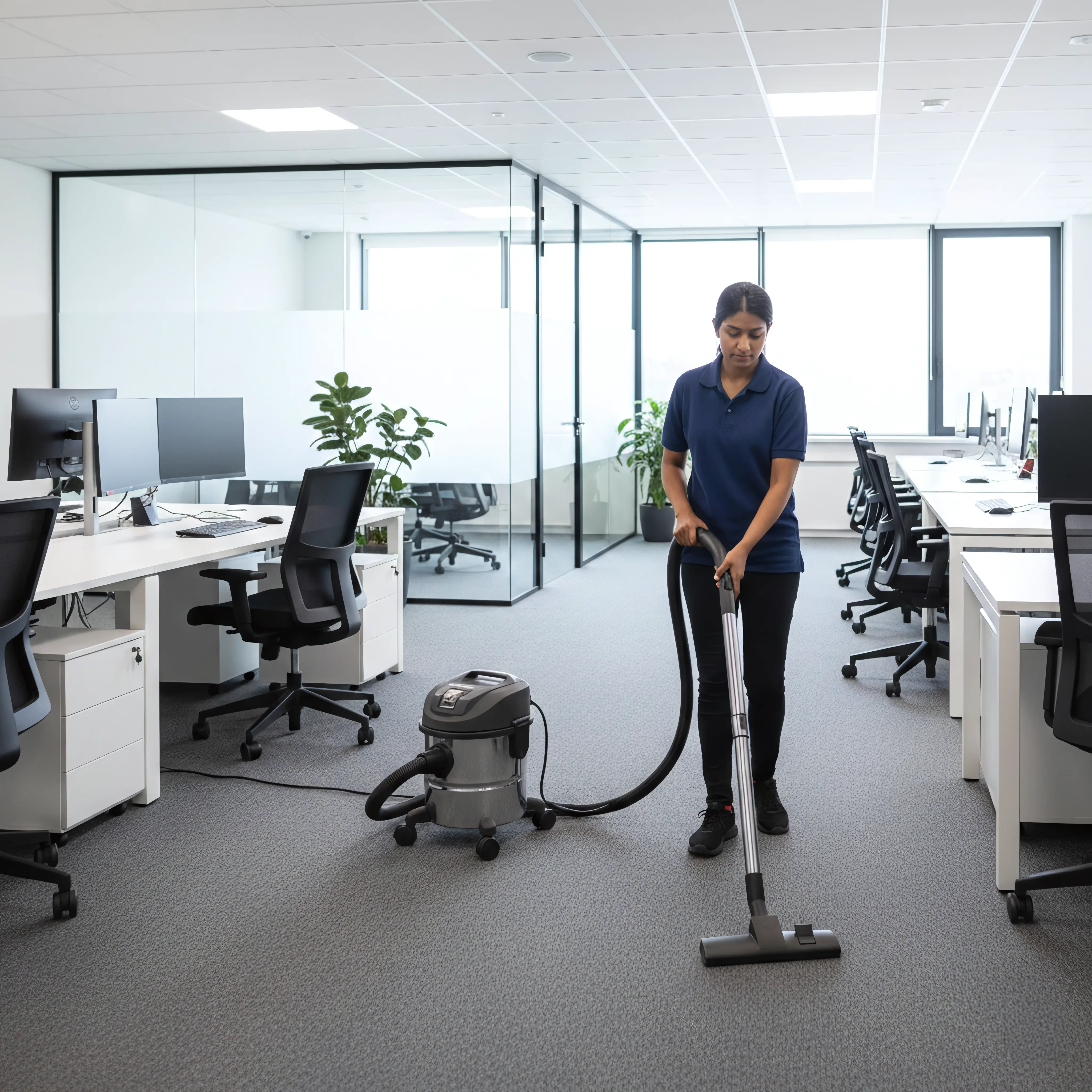 Schoonmaakmedewerker stofzuigt vloerbedekking in een moderne kantoorruimte met glazen scheidingswanden