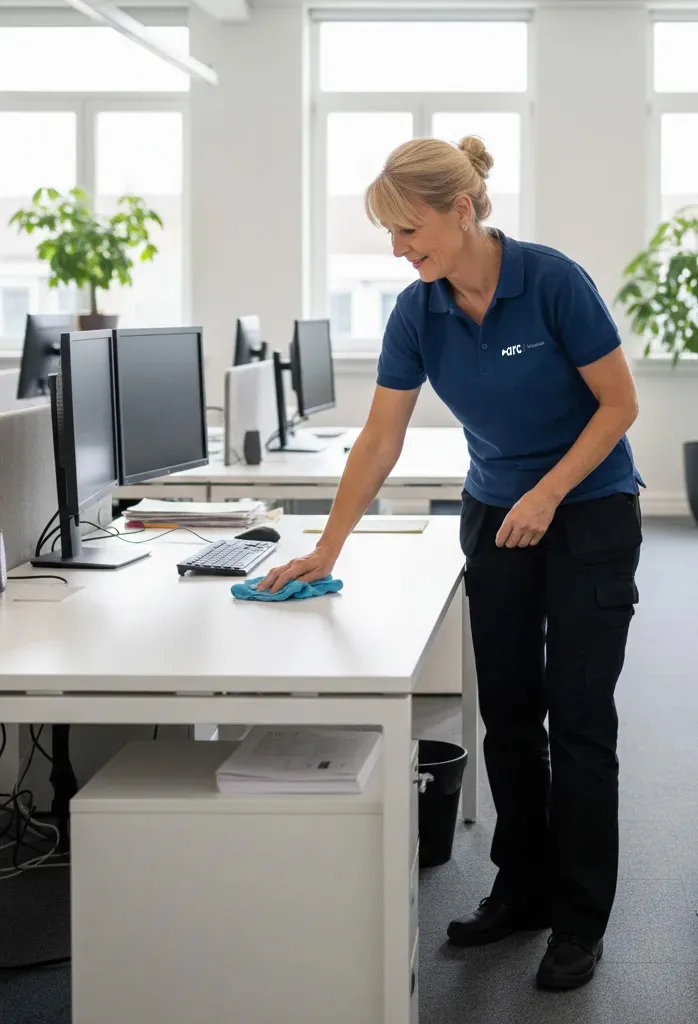 Schoonmaakmedewerker neemt bureau af met microvezeldoek in een kantoor met beeldschermen