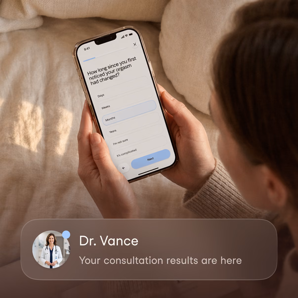 Person holding phone showing a survey question about changes in orgasm timing with a doctor consultation alert.