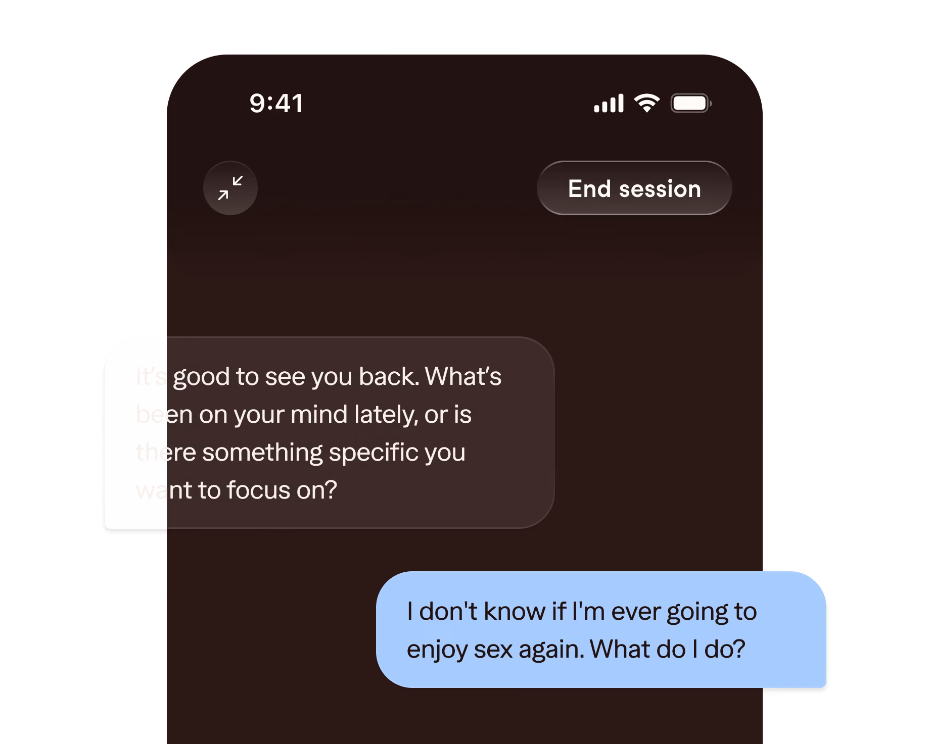 Chat screen with a question about focusing and a user reply expressing concern about enjoying sex again.
