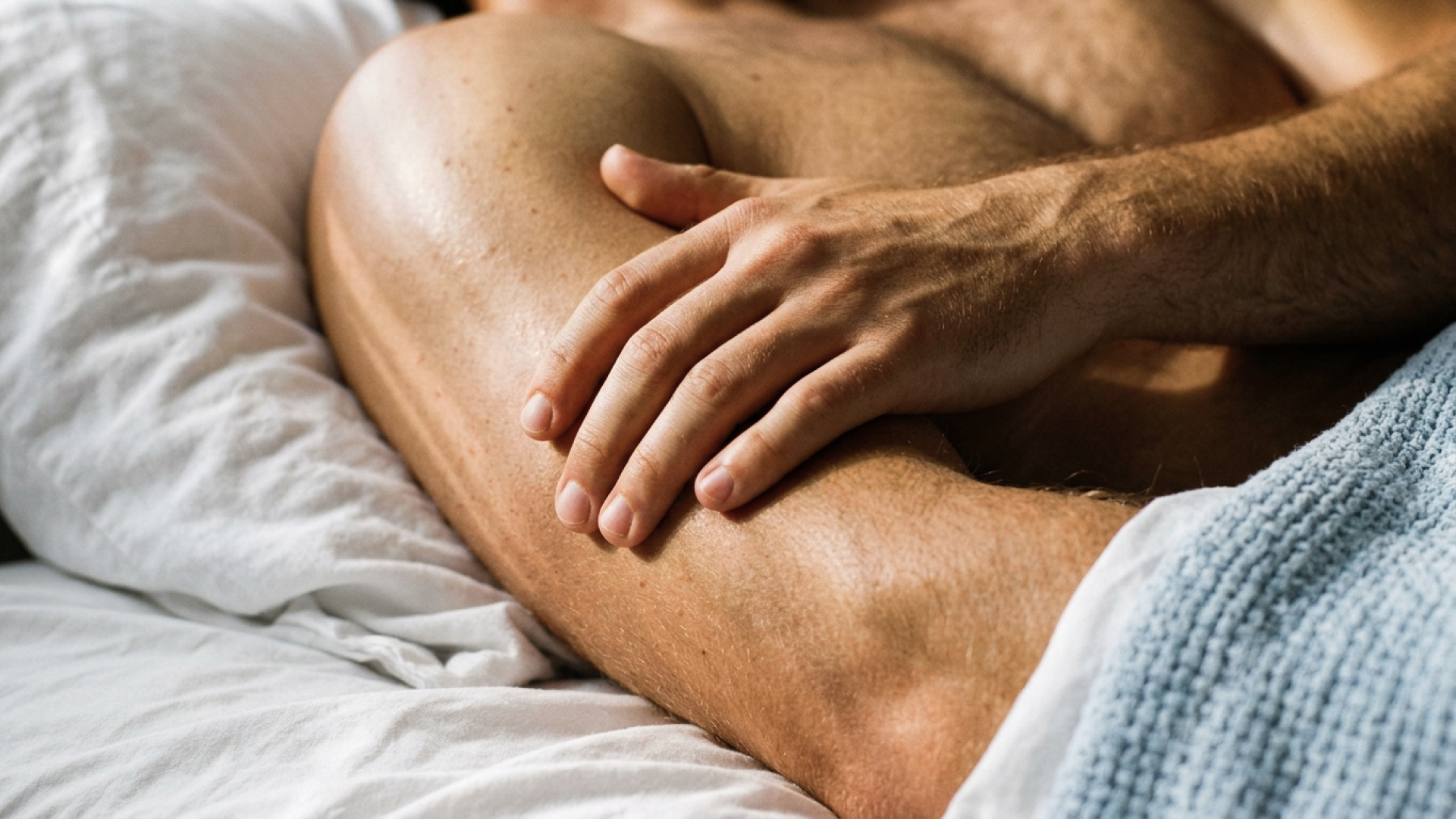 A shirtless man lies on white bedsheets with one hand resting on his lap.