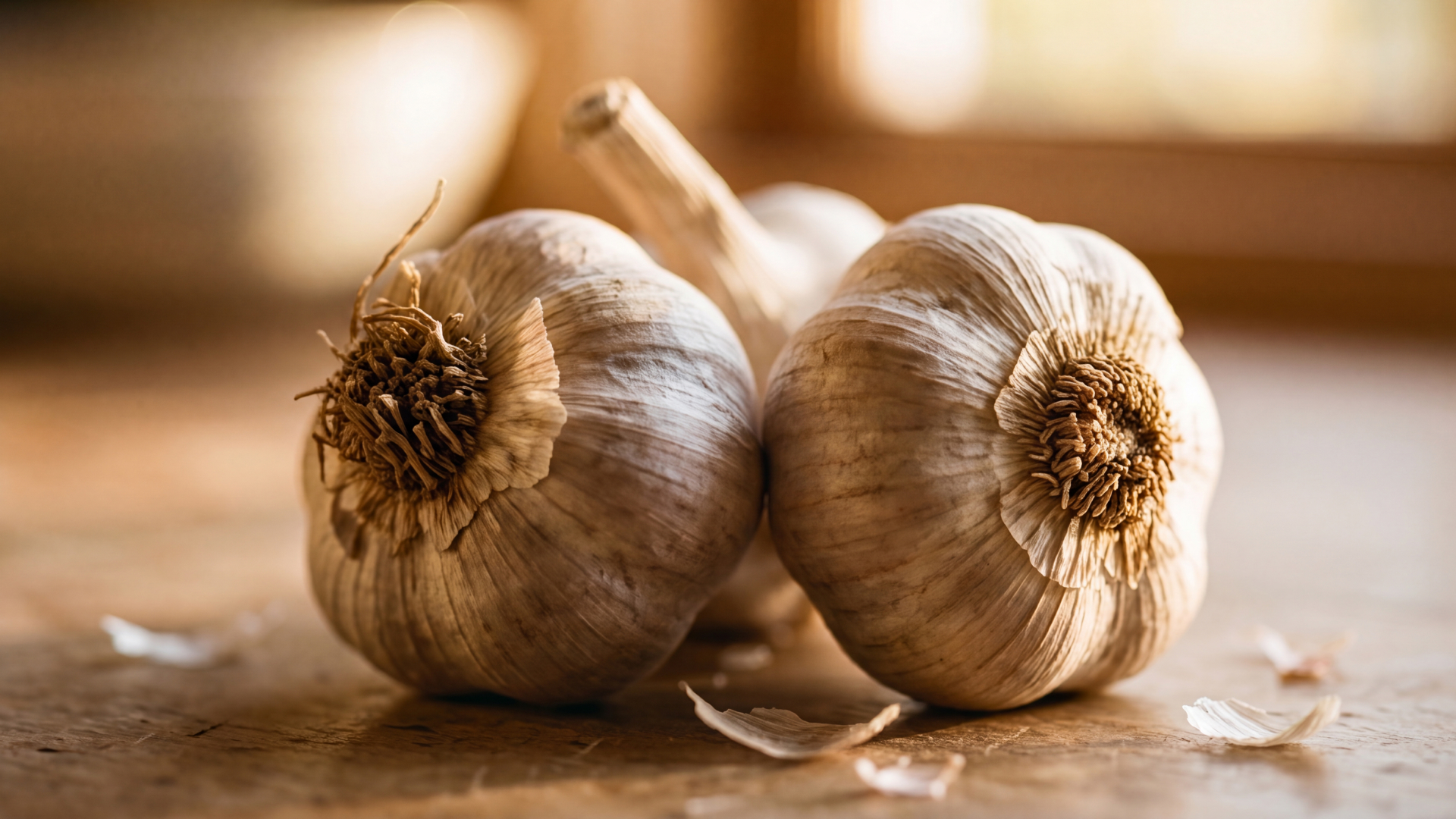 Two whole garlic bulbs on a wooden kitchen table