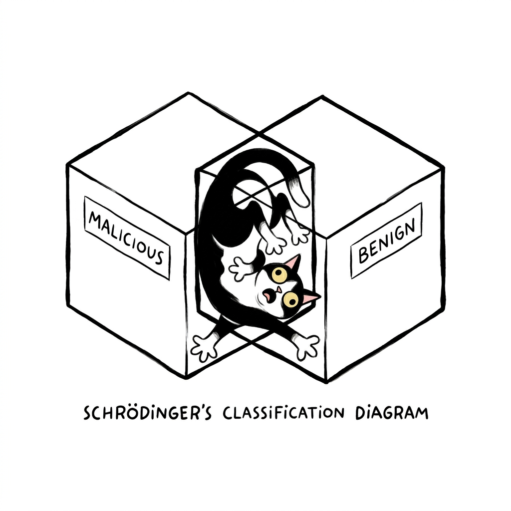 Illustration of a cat in two boxes labelled malicious and benign, representing a case that is both until the evidence resolves it.