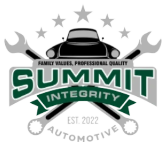 Logo featuring a car front silhouette with crossed wrenches, five stars above, and banner with the word Integrity, representing Summit Automotive established in 2022.