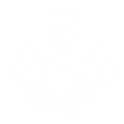 White line icon of two hands shaking with a shield and checkmark above symbolizing trust and agreement.