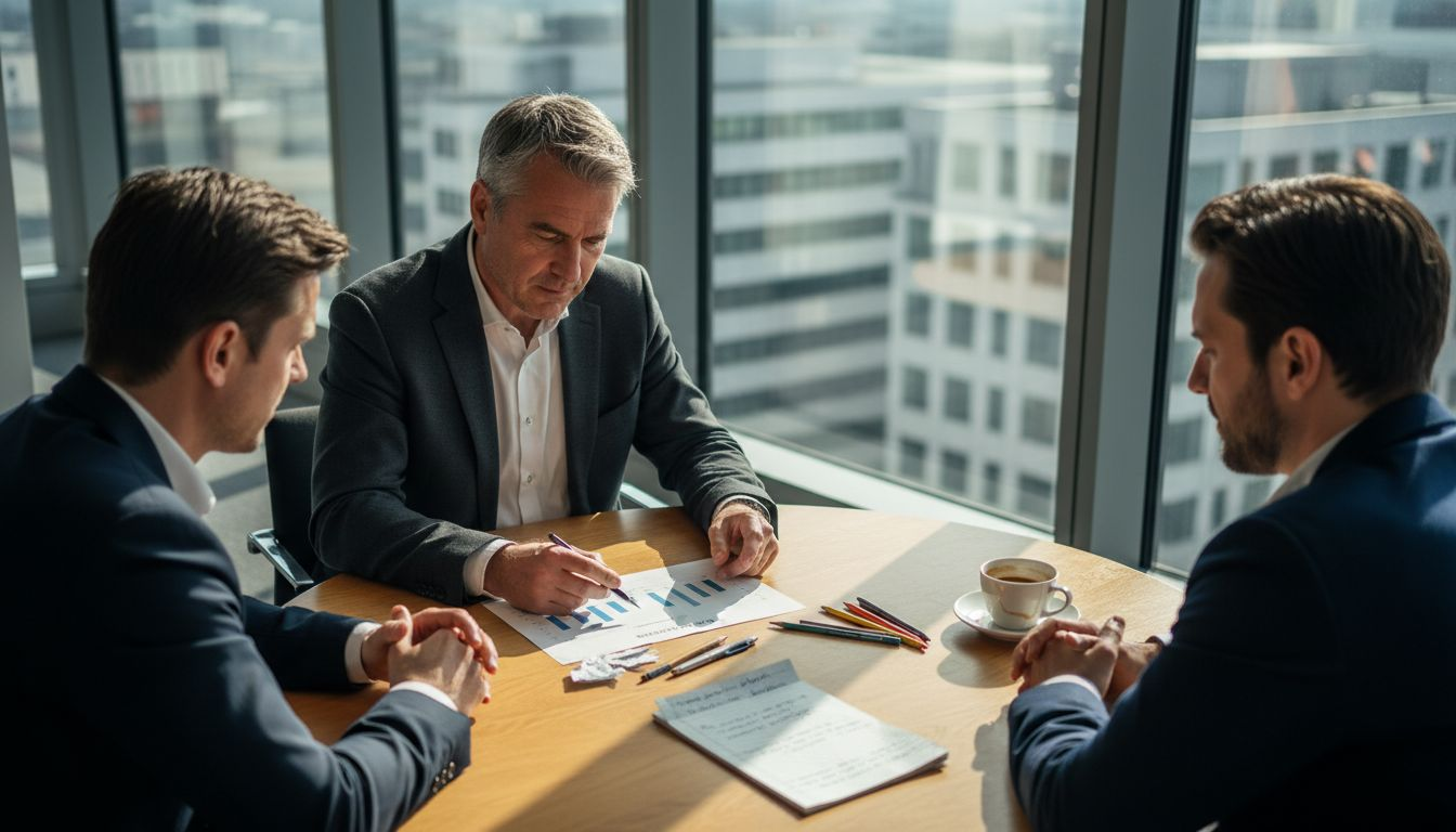 Der Geschäftsführer stellt am Besprechungstisch die Pläne für kommende Investitionen vor und diskutiert sie mit seinem Team.