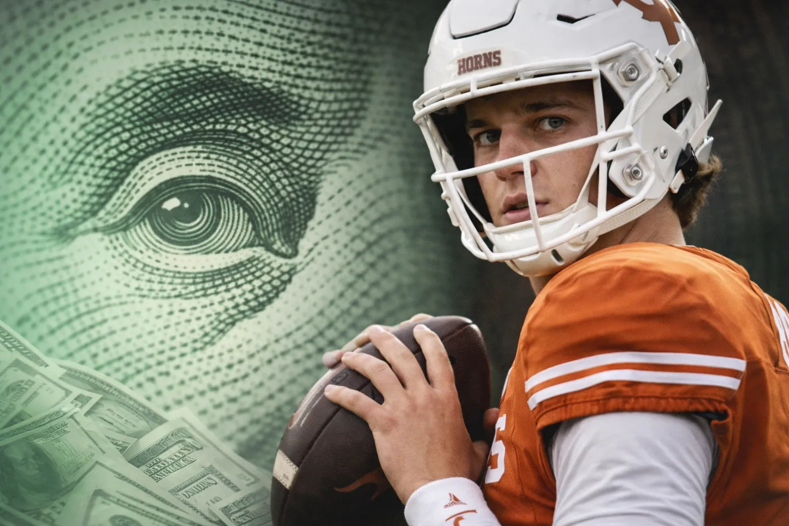 American football player wearing a Texas Longhorns helmet and orange jersey, holding a football ready to throw, with a large image of a dollar bill in the background.