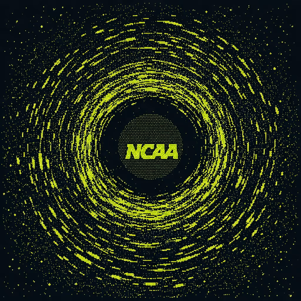 Bright yellow-green pixelated swirl pattern around the word NCAA on a dark background.