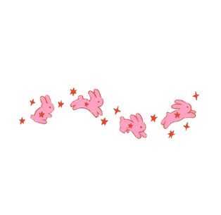 Four pink cartoon bunnies jumping among orange stars on a white background.