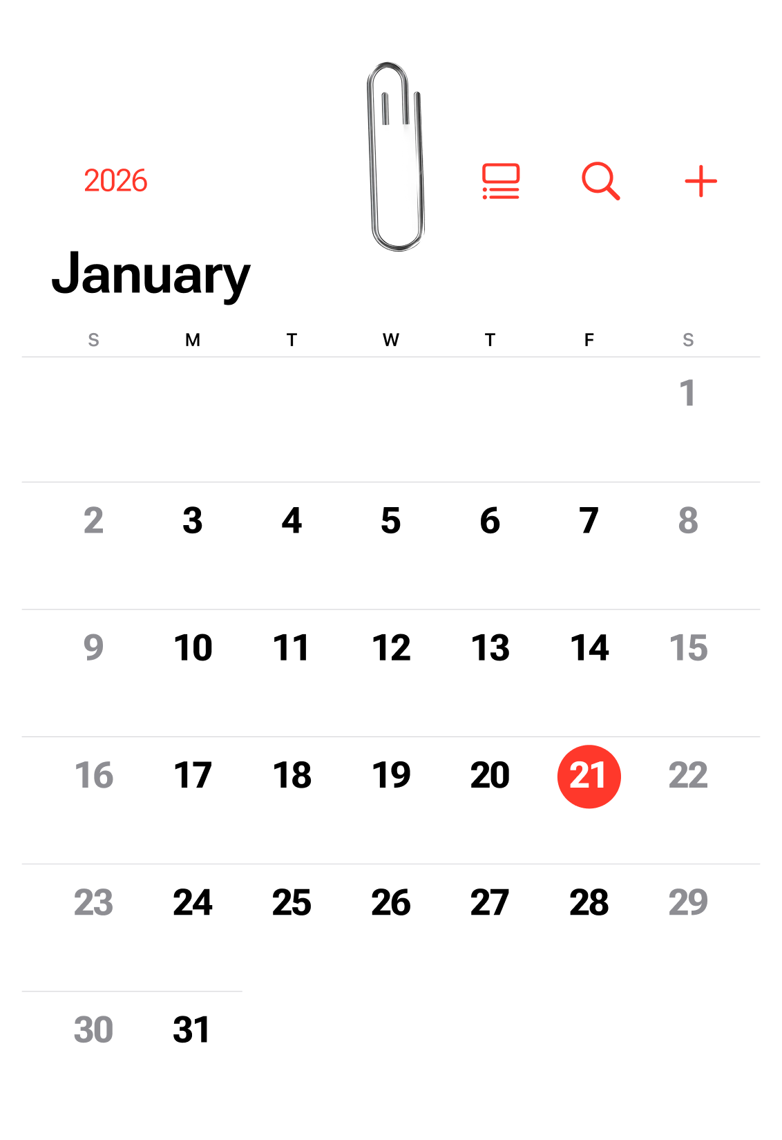 January 2026 calendar with the 21st highlighted in red.