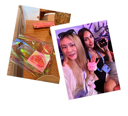 Two overlapping photos: one shows a holographic package with a pink sticker on a woven table, the other shows two smiling women seated, holding plush paw-shaped keychains.