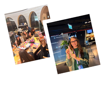 Two Polaroid-style photos: one shows a group of people sitting around a table with food, the other shows a woman holding a dried flower inside a modern indoor venue.