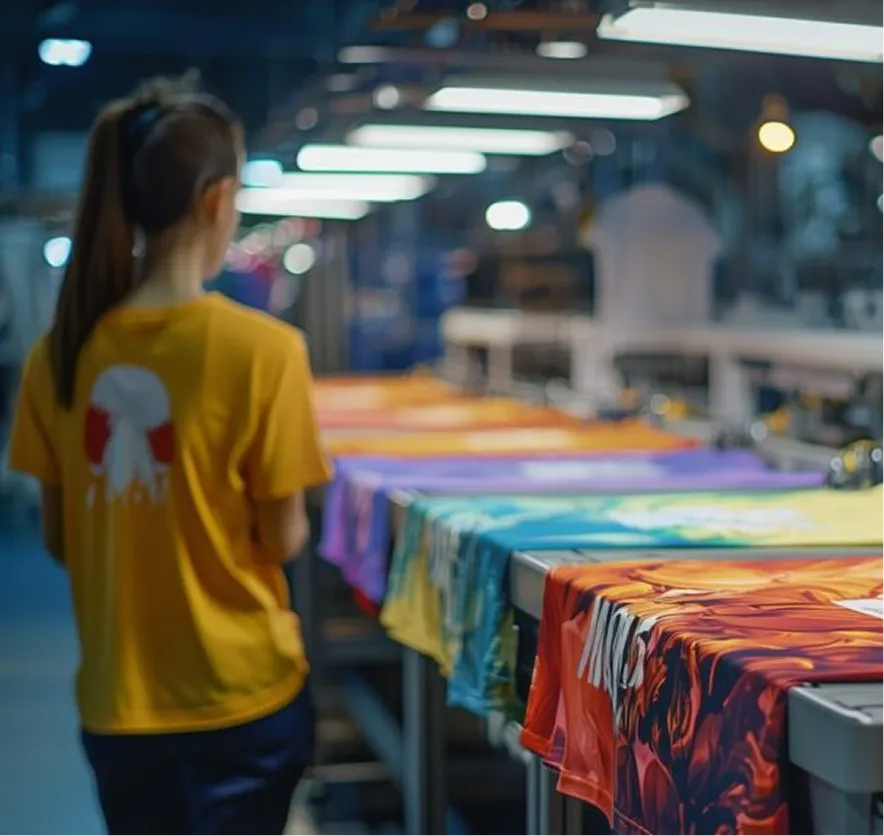 Person with long hair tied back stands next to a conveyor belt with colorful printed t-shirts in a factory setting.