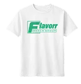 White t-shirt with green 'Flavorr Product Group' logo on the front.