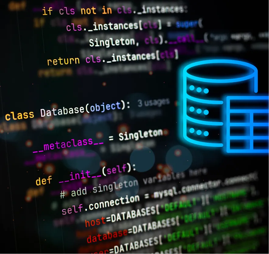 Close-up of Python code defining a Database class with singleton pattern and connection settings, alongside a blue icon representing a database with a table.