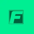 Stylized letter F in a three-dimensional square frame on a green background.
