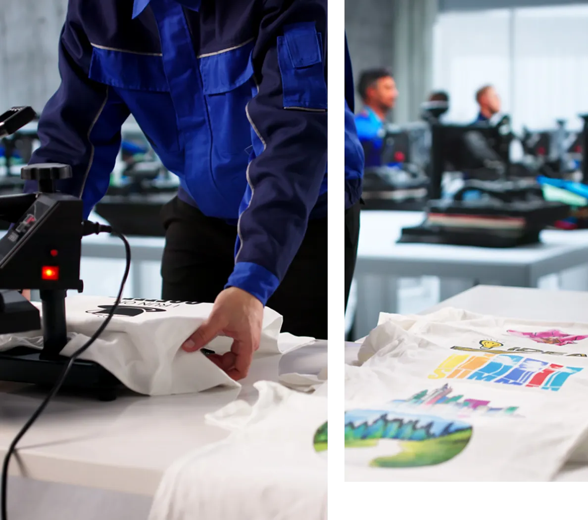 Person using a heat press machine to print a design on a white t-shirt in a workspace with others in the background.