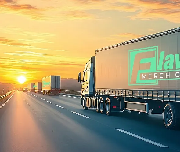 Line of large cargo trucks driving on a highway at sunrise with a colorful sky.