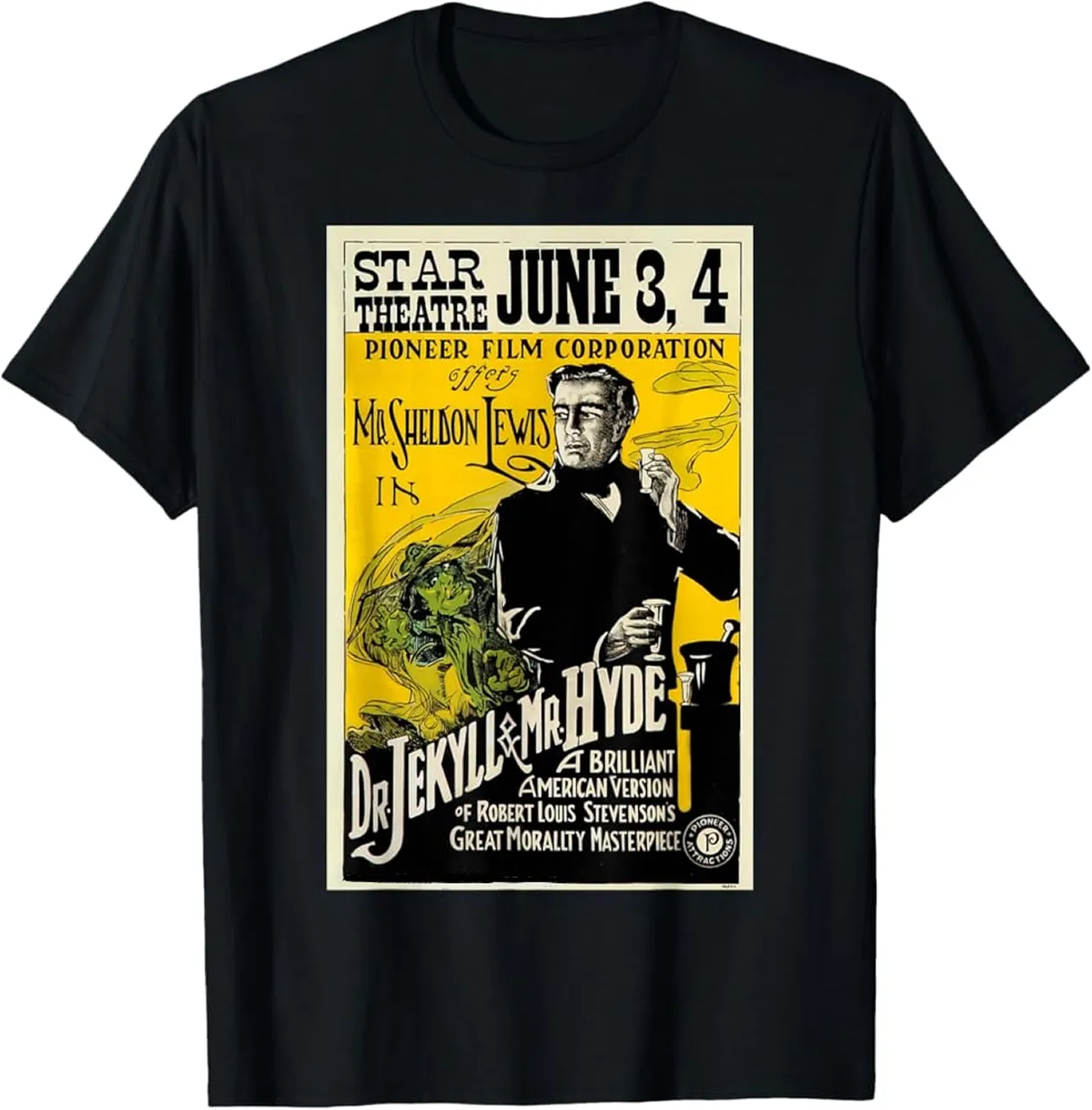 Black T-shirt with vintage yellow and black poster print of Dr. Jekyll & Mr. Hyde movie showing a man holding a glass and text about show dates and film details.