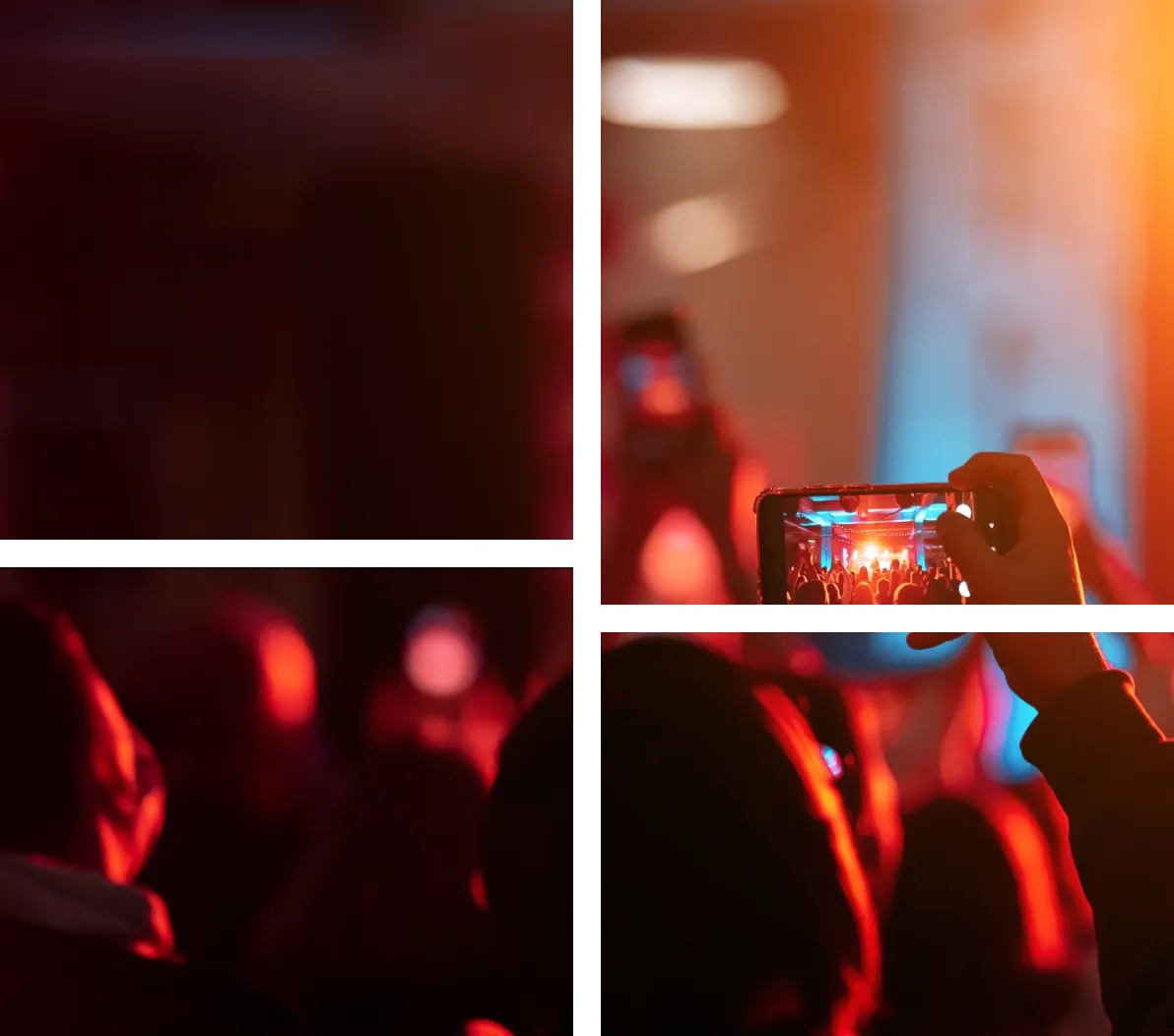 Audience at concert holding up phones to record a brightly lit stage with red and orange lighting.