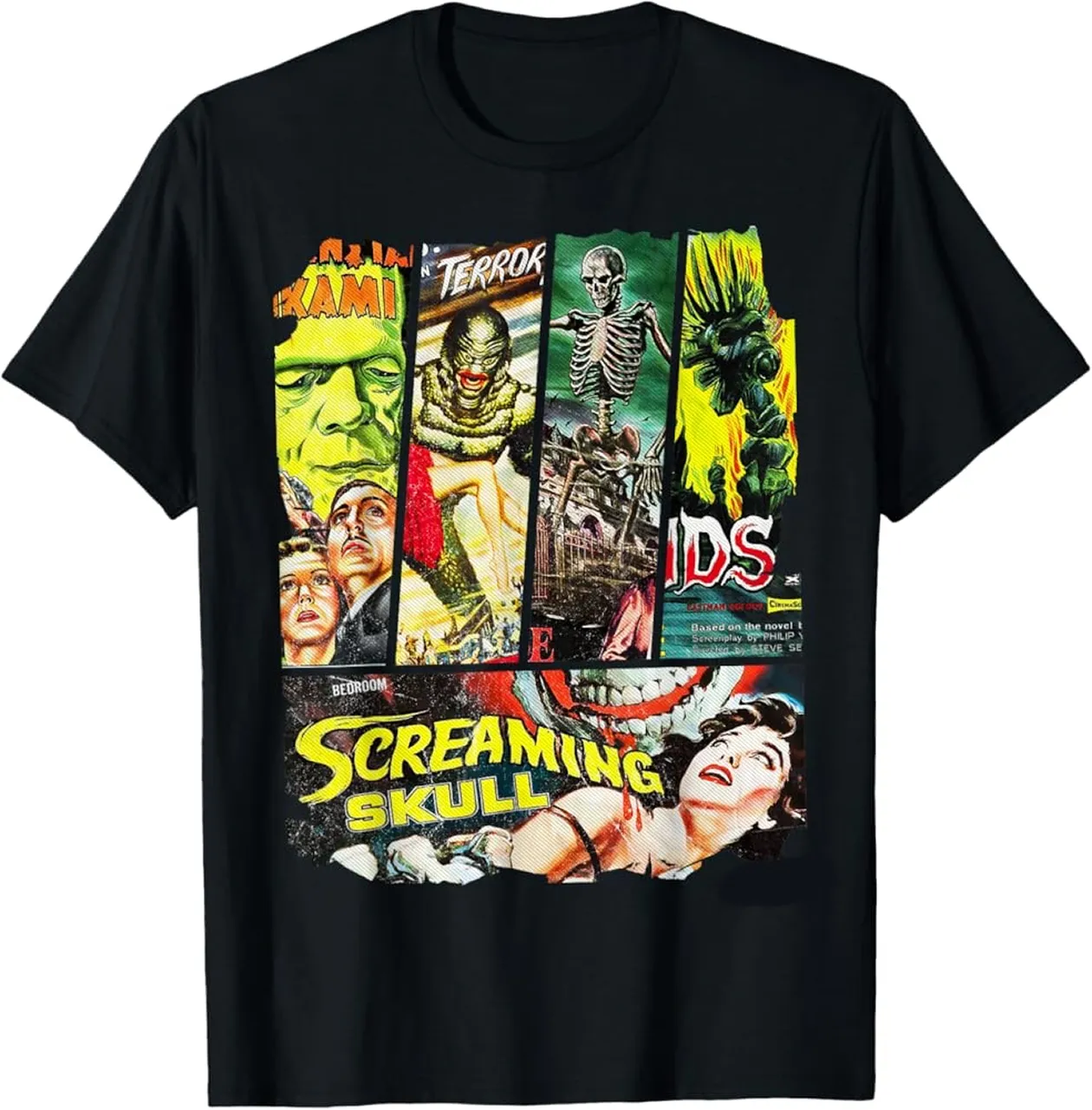 Black t-shirt featuring a collage of vintage horror movie posters with characters like Frankenstein, a creature, a skeleton, and a woman with the text 'Screaming Skull'.