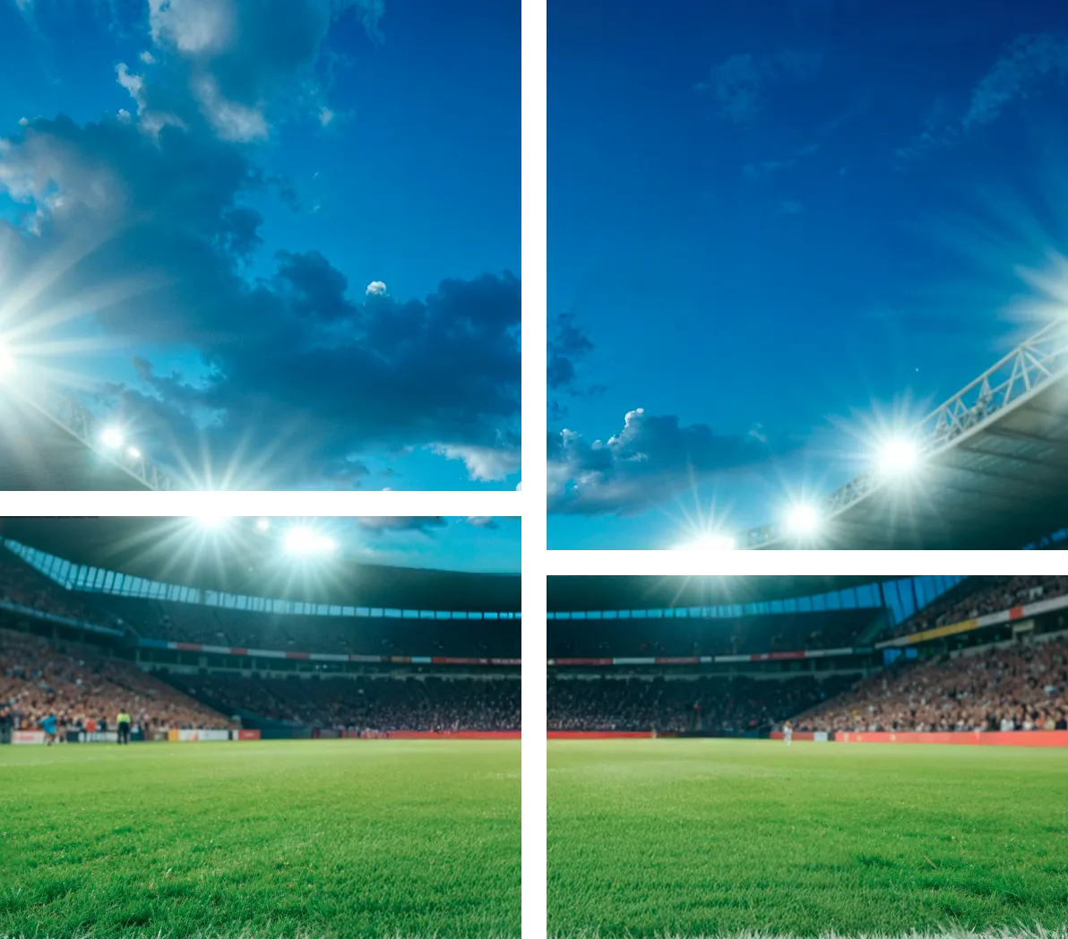View of a well-lit soccer stadium with a green field, blue sky, and scattered clouds during sunset.