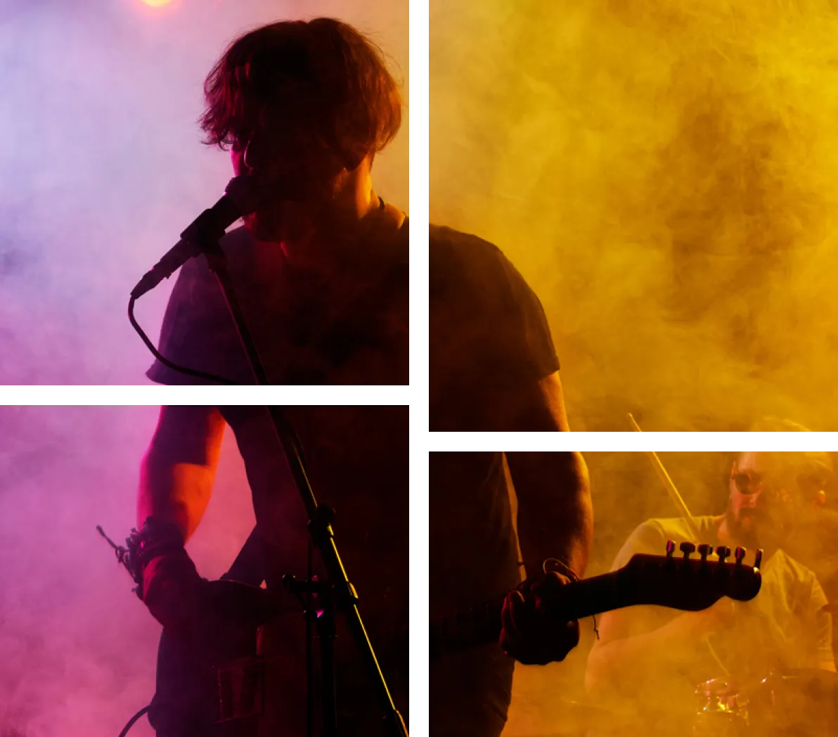 Silhouetted musician singing and playing guitar with drummer in background amid colorful stage smoke.