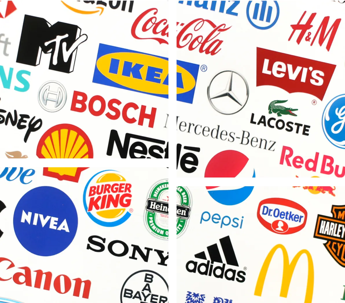 Collage of popular global brand logos including Coca-Cola, IKEA, Mercedes-Benz, Levi's, Bosch, Nestlé, Burger King, Heineken, Pepsi, Adidas, McDonald's, Sony, Nivea, Canon, and Harley-Davidson.