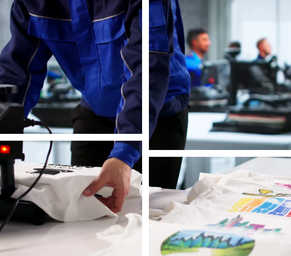 Person in a blue jacket printing designs on white t-shirts with a heat press machine in a workshop.