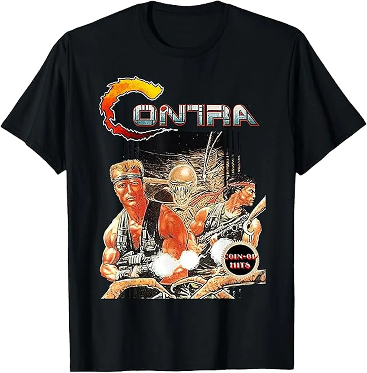 Black t-shirt featuring a collage of vintage horror movie posters with characters like Frankenstein, a creature, a skeleton, and a woman with the text 'Screaming Skull'.