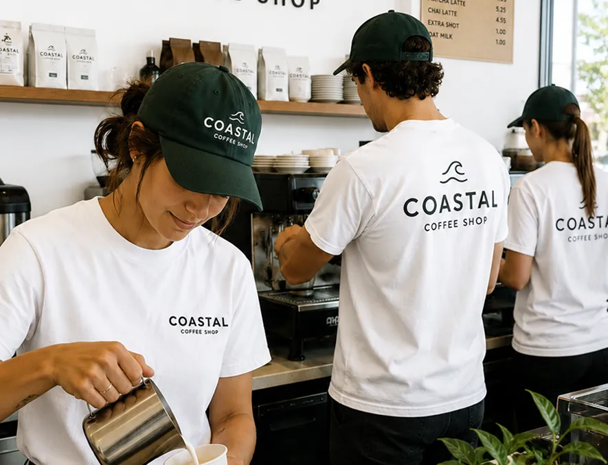 Three baristas wearing Coastal Coffee Shop shirts prepare coffee behind a counter.