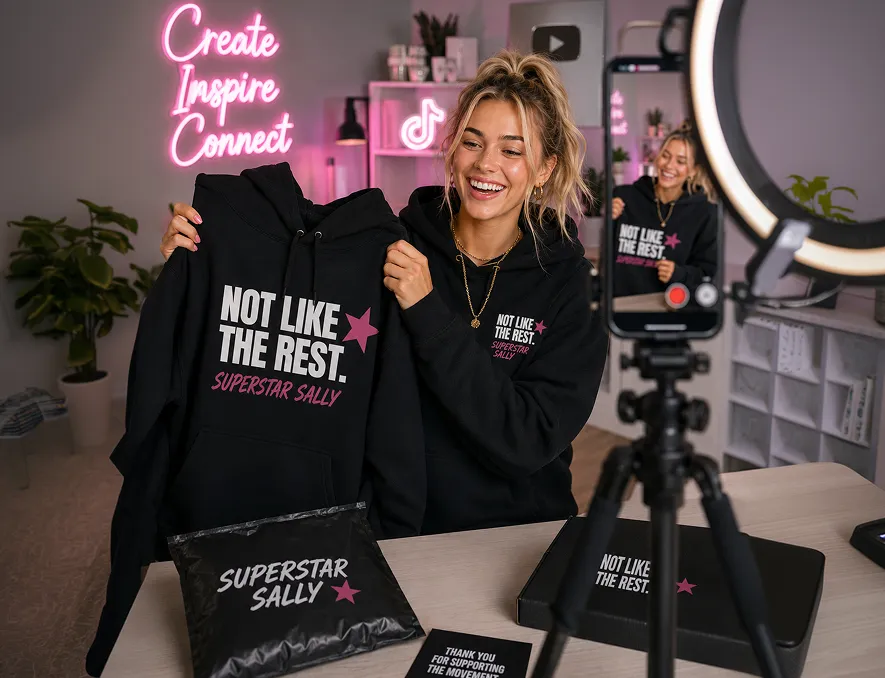 Smiling woman holding black hoodie with 'Not Like The Rest. Superstar Sally' recording video in cozy room.