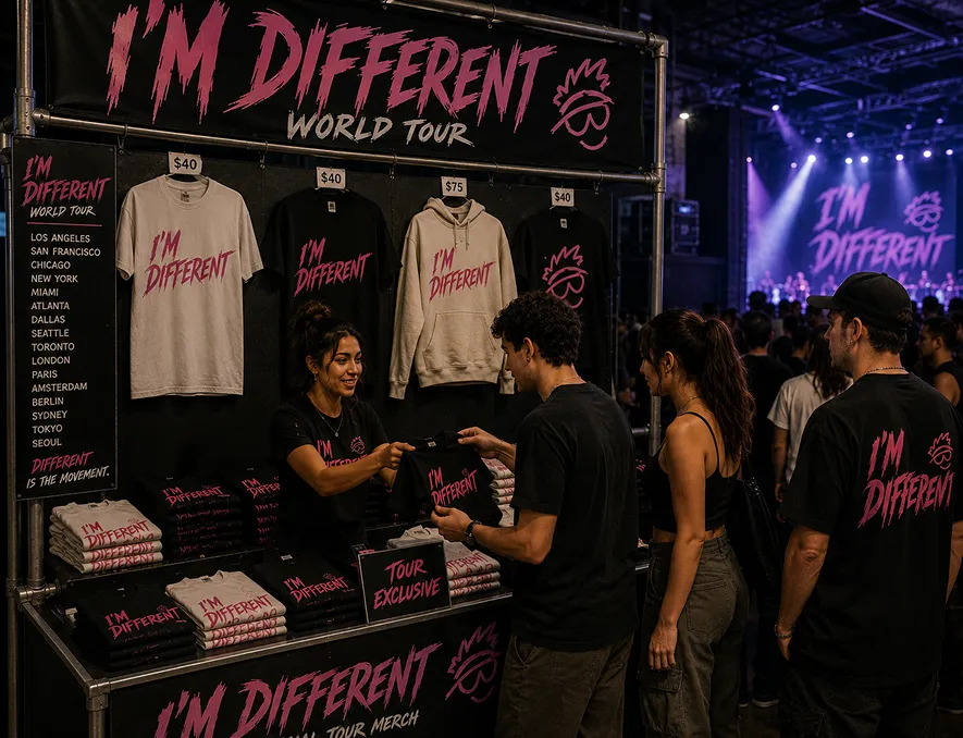 People buy “I'm Different” tour merchandise at a booth during a concert with stage lights in background.