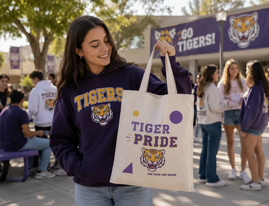 Smiling girl in Tigers hoodie holding tote bag with 'Tiger Pride' and tiger logo outdoors.