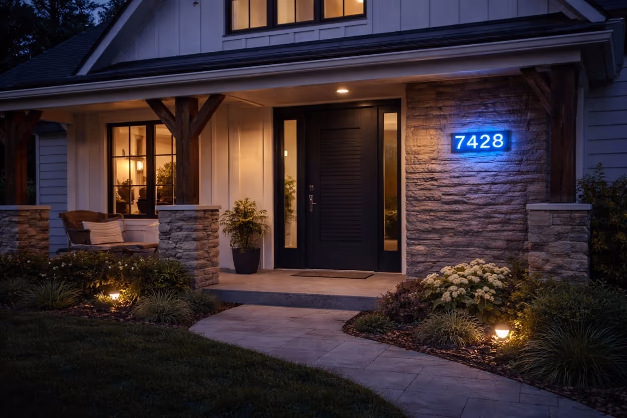 Modern house entrance at dusk with a dark front door, illuminated house number 7428, stone pillars, and landscaped garden lighting.