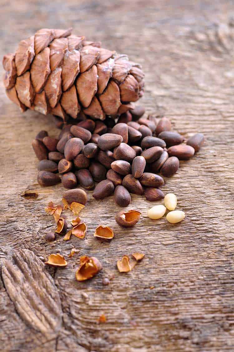 Ungeschälte Pinienkerne neben Zapfen