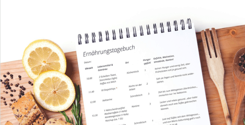 Beispiel für ein Ernährungstagebuch mit Uhrzeit, Lebensmittel, Getränken, Ort, Hungergefühl und Emotionen