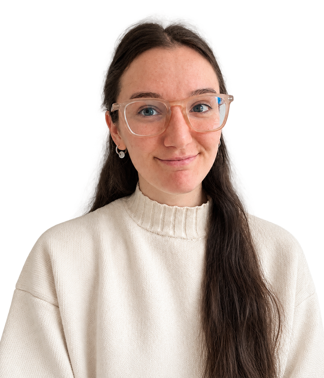 Woman with long dark hair and clear-framed glasses wearing a cream knit sweater, facing the camera.