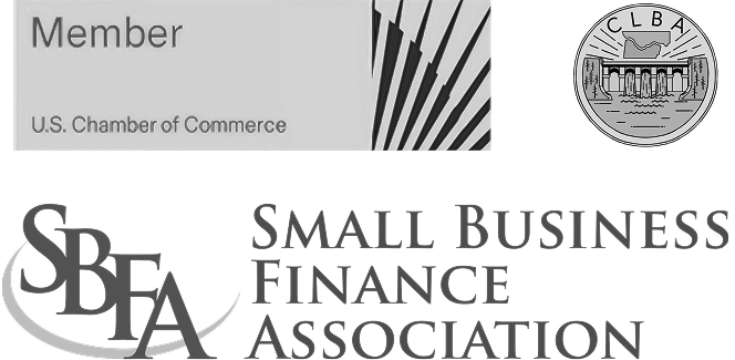 Professional association logos including US Chamber of Commerce, CLBA, and Small Business Finance Association