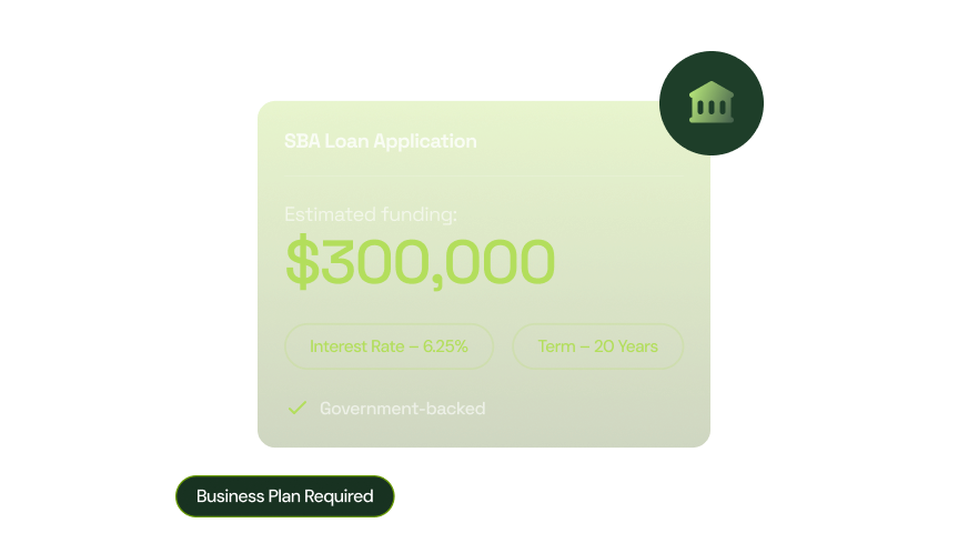 SBA loan application showing $300,000 estimated funding with government-backed seal