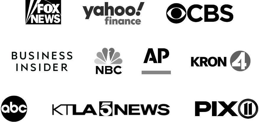 Media logos including Fox News, Yahoo Finance, NBC, ABC and other news outlets