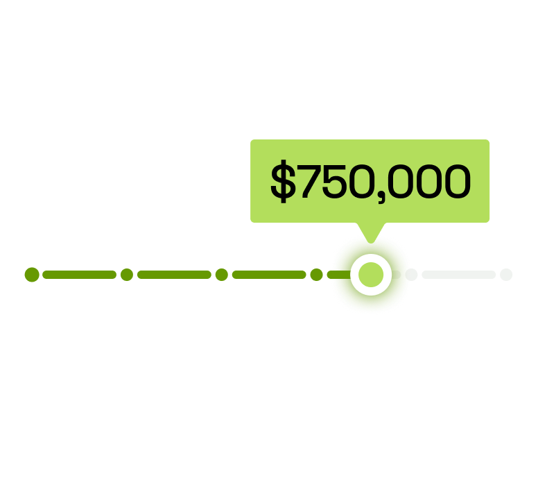 Loan amount slider showing $750,000 with range from $25k to $2M+