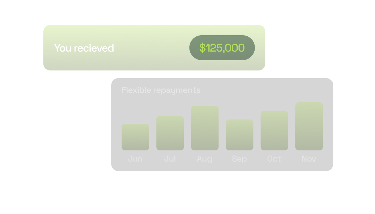 Dashboard showing $125,000 received with flexible repayment schedule