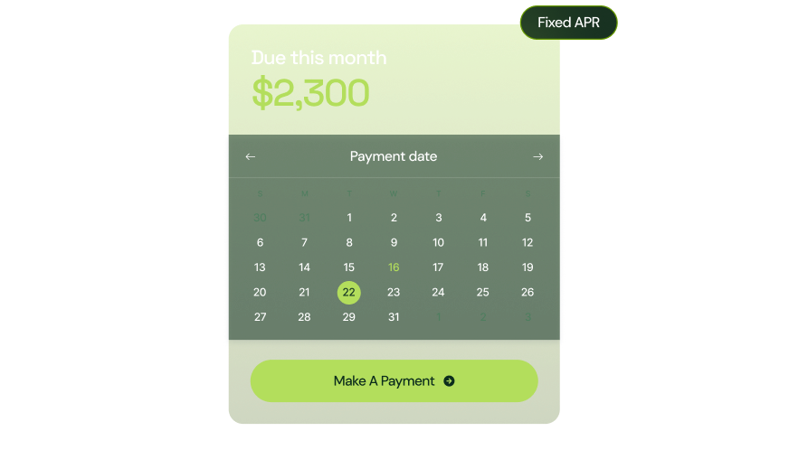 Fixed APR payment calendar showing $2,300 due this month