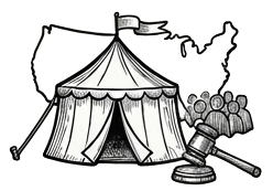 Illustration of a tent with a flag in front of a US map, a crowd, and a judge's gavel.