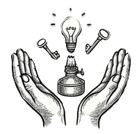 Two open hands surround a vintage light bulb with floating keys above it.