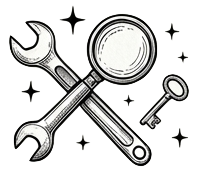 Crossed wrench and magnifying glass with a key and sparkle icons around them.