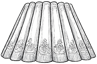 Illustration of seven capped wooden logs standing upright side by side.