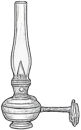 Black and white sketch of an old-fashioned oil lamp with a handle and chimney.